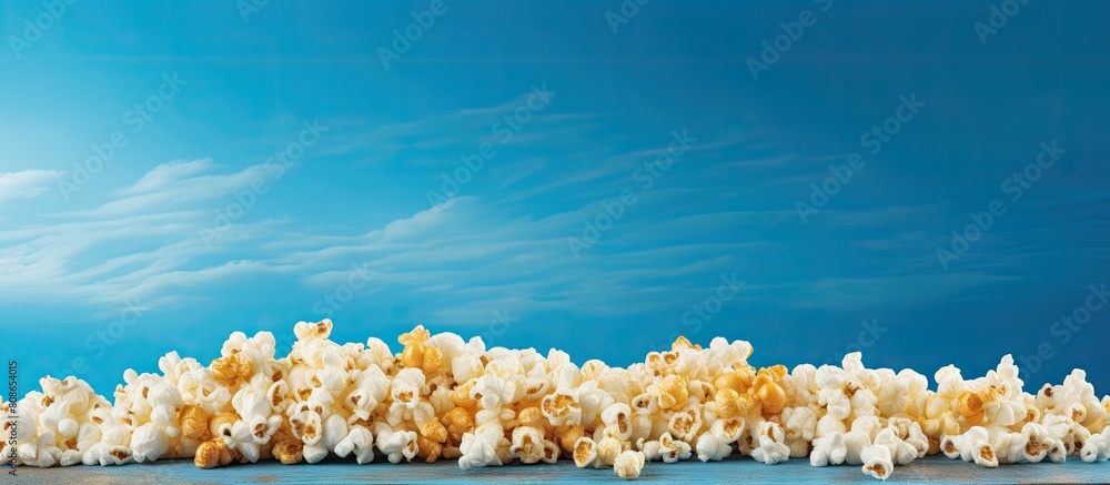 Poster a stack of uncooked popcorn sits on a backdrop of blue wooden surface ready for a copy space image