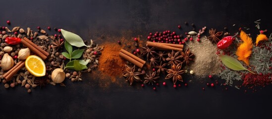 Copy space image of a variety of winter spices arranged on a dark slate stone or concrete background captured from a top view perspective