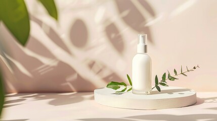 Trendy background with natural skin care bottles. Product presentation Concept of beauty and personal care products