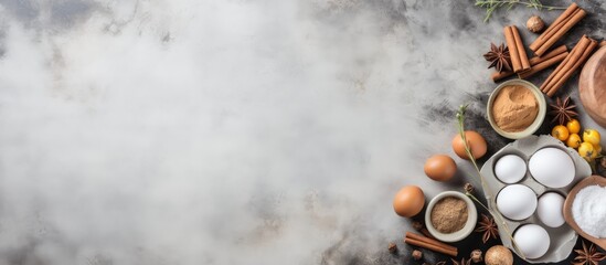Overhead view of gray kitchen worktop with homemade cookies being baked surrounded by ingredients such as flour eggs sugar and cinnamon Culinary background with copy space image - Powered by Adobe