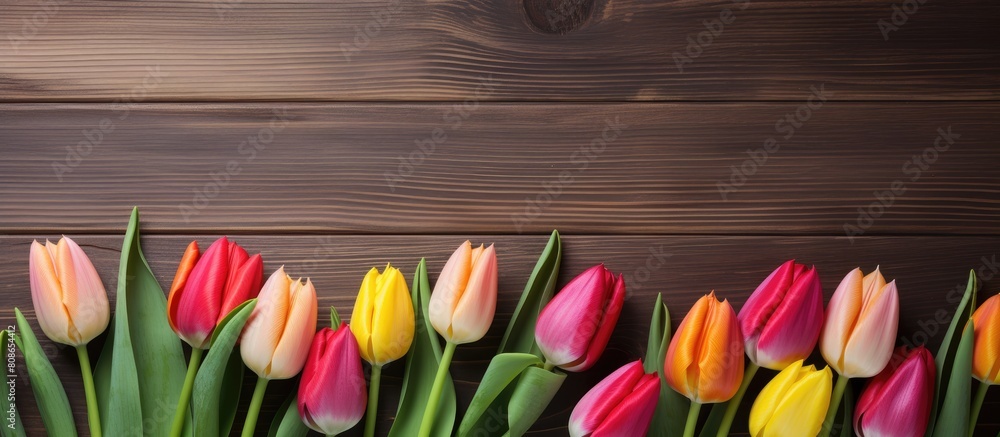 Poster from a top view there is a vibrant display of tulips arranged on a wooden table creating a beautiful