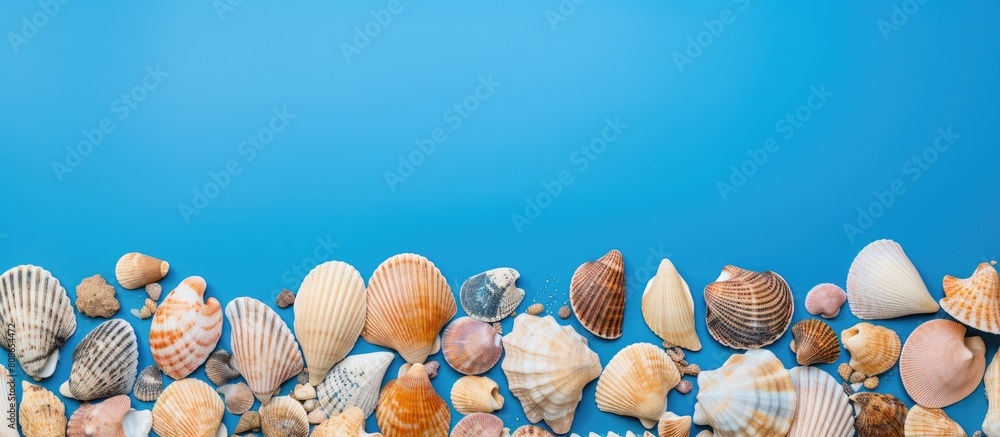 Poster a variety of seashells arranged on a vibrant blue background providing ample space for text the imag