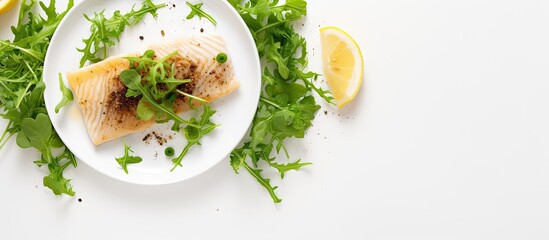 Top view of baked white fish slices served on a white plate with spices accompanied by a green...