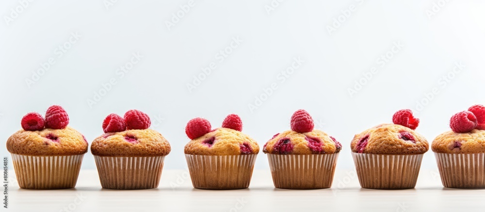 Poster copy space image featuring a grid of delectable raspberry muffins against a light background