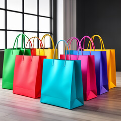Colorful shopping bags on the wooden floor. 3d rendering.