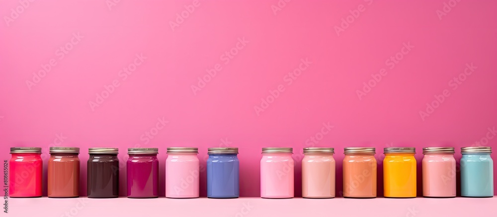 Poster a row of colorful pastel containers filled with various shades of paint is displayed on a vibrant pi