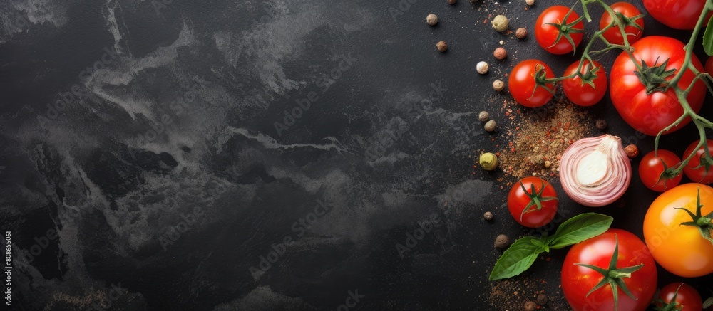 Wall mural on a dark stone background there is a top view of freshly harvested tomatoes in red and yellow accom - Wall murals