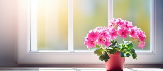 A vibrant pink geranium sits atop a windowsill basking in the warm rays of a bright and sunny day creating an inviting copy space image