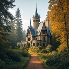 Castle in the middle of the forest. Beautiful summer landscape.