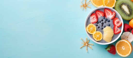 A visually appealing healthy breakfast idea for children is a smoothie bowl featuring blue spirulina and a variety of fresh fruits arranged like a palm tree The top down perspective creates an ideal