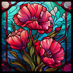 there are two red flowers in a stained glass window