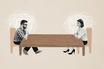 Composite photo collage of two dissatisfied husband wife sit table quarrel misunderstanding breakup...