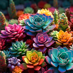 there are many different colored succulents in a bunch