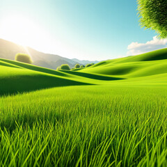 Green grass field and tree in the morning light. 3d rendering