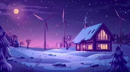 Wind turbine house at night with falling snow and trees. Ecofriendly home, modern building in nature landscape. Renewable energy, organic architecture. Cartoon modern illustration.