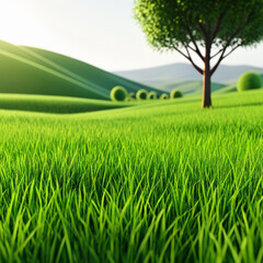 Green grass field and tree in the morning light. 3d rendering