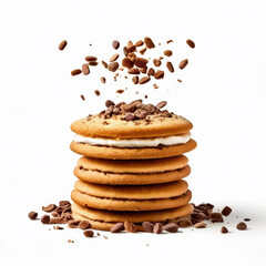 Pile of chocolate cookies with falling coffee beans isolated on white background