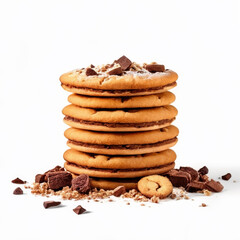 Pile of chocolate cookies with falling coffee beans isolated on white background