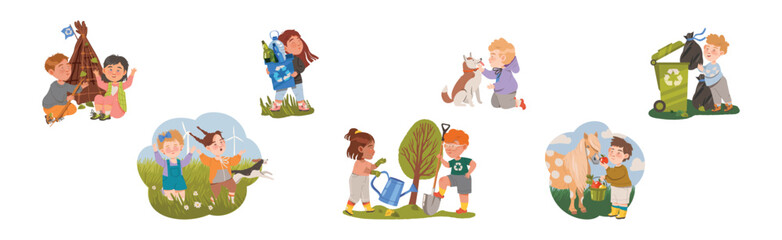 Kids Take Care of Planet Earth and Clean Environment Vector Set