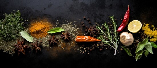 A top down view of various herbs and spices on a black stone background with ample room for additional images or text