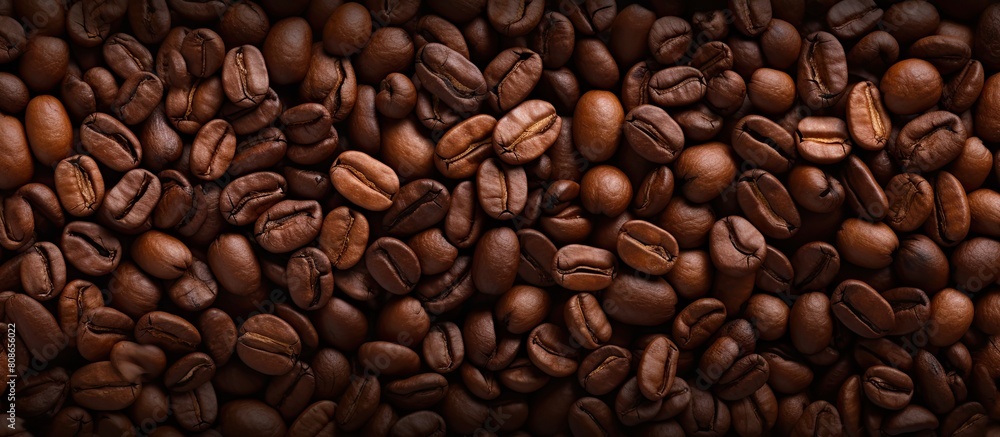 Poster top view of a background with a textured image of roasted coffee beans creating a copy space image