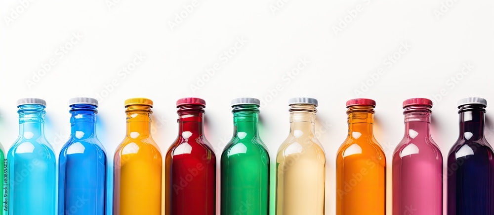 Aufkleber top down view of colored plastic bottle covers on a white background creating a wide panoramic image