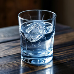 Glass of water with ice cubes on a wooden table, selective focus
