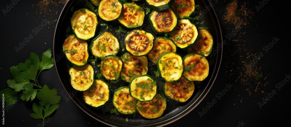 Poster a view from above showcases a dark background with a pan of fried sliced young courgettes ample copy