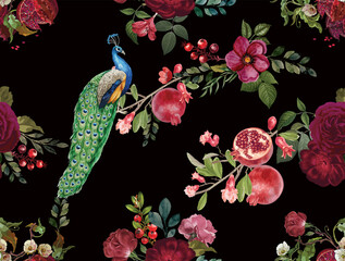 Dark background with colorful peacock, red pomegranate fruit, red rose and white flowers seamless pattern illustration