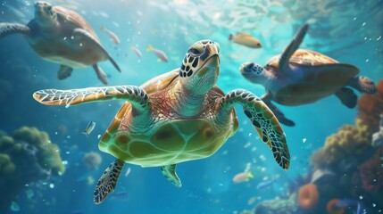 Vibrant underwater scene with turtles swimming among coral reefs, AI Generative.