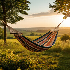 Hammock in the meadow at sunset. Beautiful summer landscape