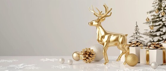 Christmas composition with gold metallic reindeer on white background. Contemporary Christmas concept rendered in 3D.