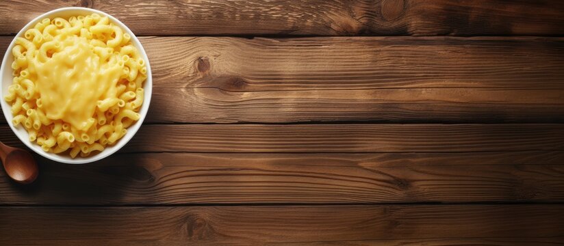 A top view image of a ceramic bowl filled with mac and cheese resting on a rustic wooden surface The background sets a nostalgic tone with its aged white wood texture leaving ample space for text pla