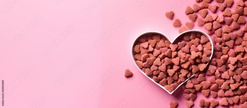 Poster Heart shaped dried dog food arranged in a flat lay composition captured from a top down perspective on a pink background providing ample copy space for the image
