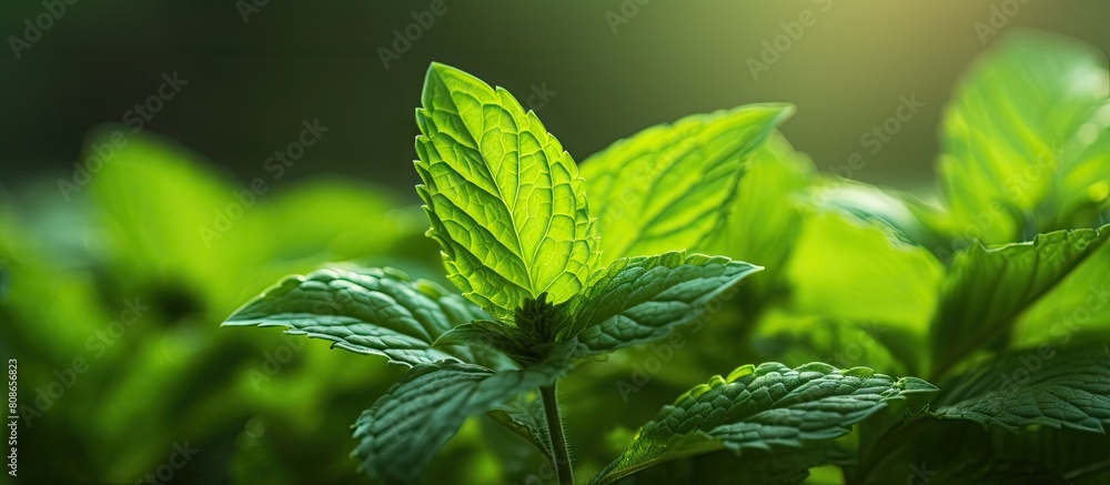 Sticker A vibrant green peppermint plant with a natural background providing ample copy space for an image