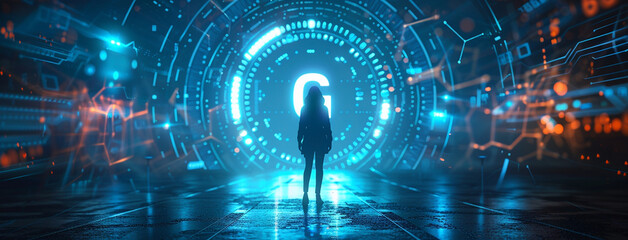 Modern concept inspired futuristic background banner with a person standing in front of a digital projected blue color screen with 6G technology introducing 