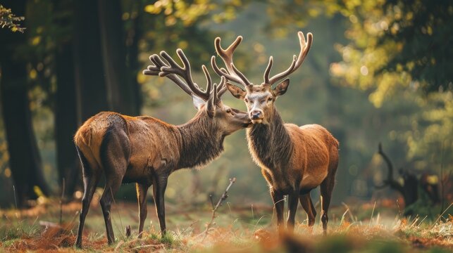 Fototapeta Two red deer cervus elaphus standing close together and touching noses in the forest in nature in summer A pair of wild animals look at each other in the forest. Deer and deer smell in the wilderness.