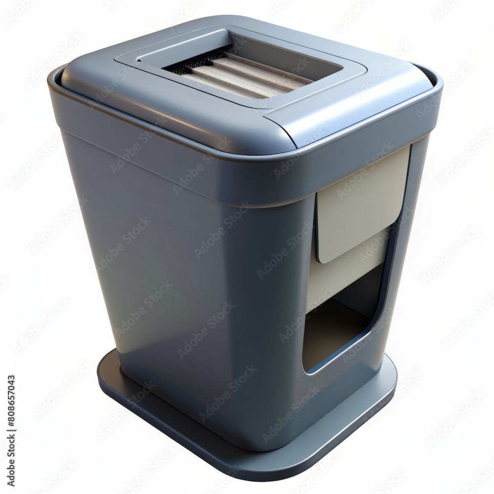 Poster 3d render of a document shredder with paper input slot and collection bin, on isolated white backgro
