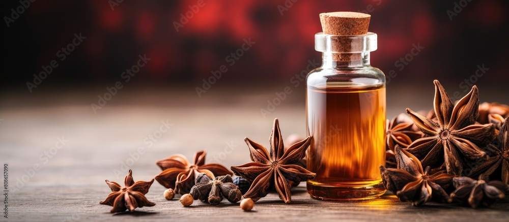 Poster Aromatic essential oil with star anise in a bottle featuring copy space for easy customization