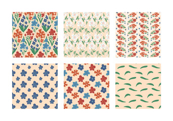 Retro flowers seamless patterns set. Floral endless background collection. Wild flower ornament tile. Vintage botanic repeat cover. Vector flat hand drawn illustration.