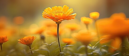 In the morning light the orange Calendula commonly known as the marigold gracefully unfolds its petals COPY SPACE IMAGE