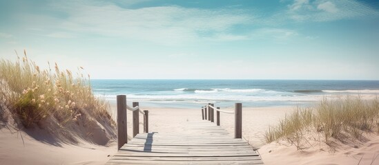 A sandy beach with a wooden path leading to the ocean creating the perfect copy space image