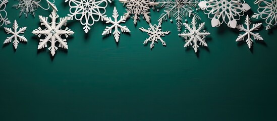 A wintry decoration featuring white wooden snowflakes set against a green backdrop and ample copy space for adding text or graphics
