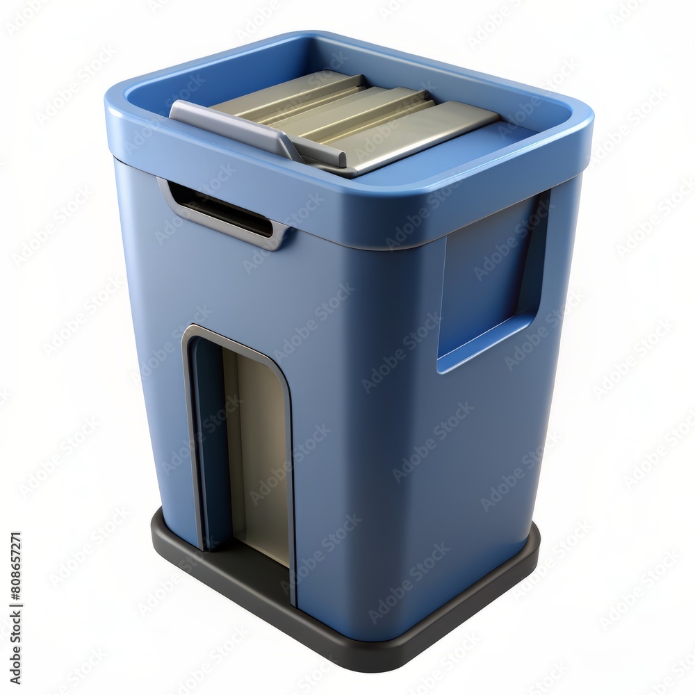 Poster 3d render of a document shredder with paper input slot and collection bin, on isolated white backgro