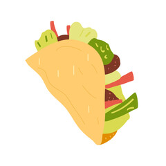 Taco Mexican fast food. Traditional culture cuisine tortilla with beef, salad, vegetables. Vector flat hand drawn illustration isolated on white background.