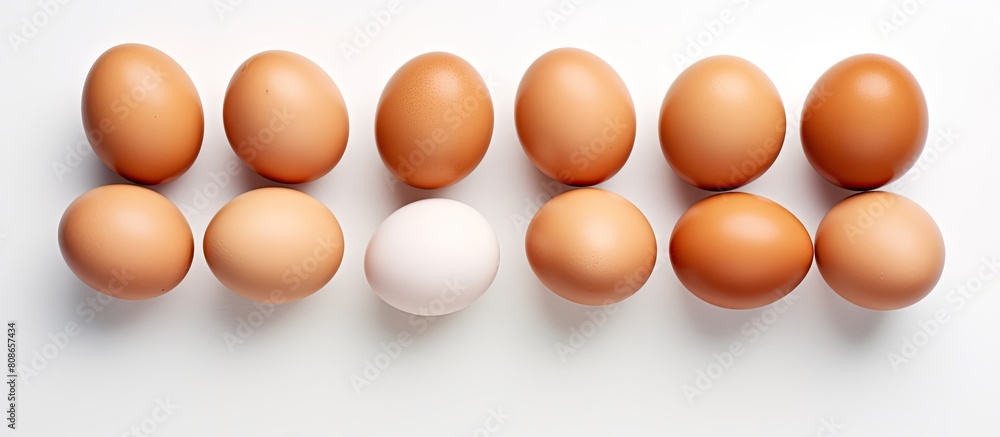 Poster copy space image of uncooked chicken eggs arranged neatly on a white table captured from a top down 