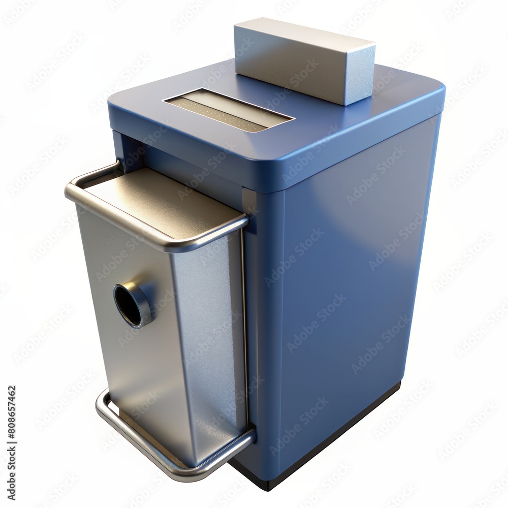 Poster 3d render of a document shredder with paper input slot and collection bin, on isolated white backgro