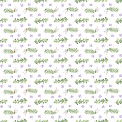 Rosemary herbs bunch seamless pattern. Rosemary plant green leaves and flowers repeat background. Botanic endless cover. Vector hand drawn illustration.