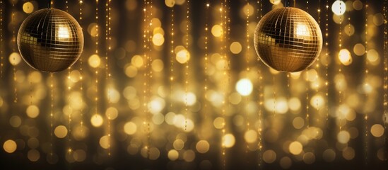 Golden lights illuminate shiny disco balls hanging against a foil party curtain creating a captivating bokeh effect There is ample copy space for text