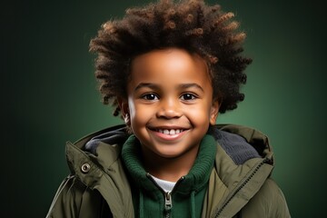 Portrait of a little afro boy with afro curls in green on a green background, portrait of a happy child.